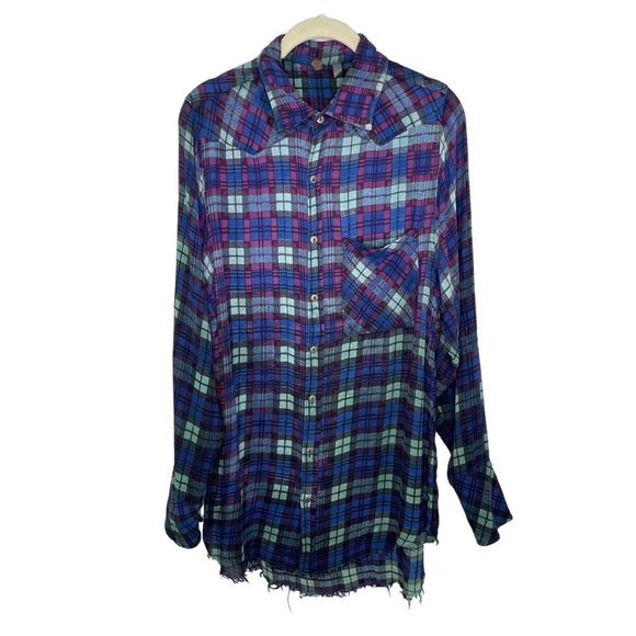 FREE PEOPLE | FP Plaid Blue and Green Motif Hand Dyed Flannel Button Up Shirt - Picture 1 of 9